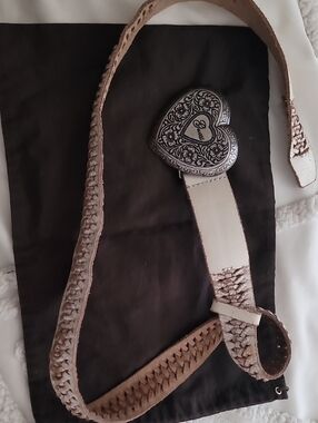 Vintage Guess Cream Leather Belt with Ornate Heart Buckle